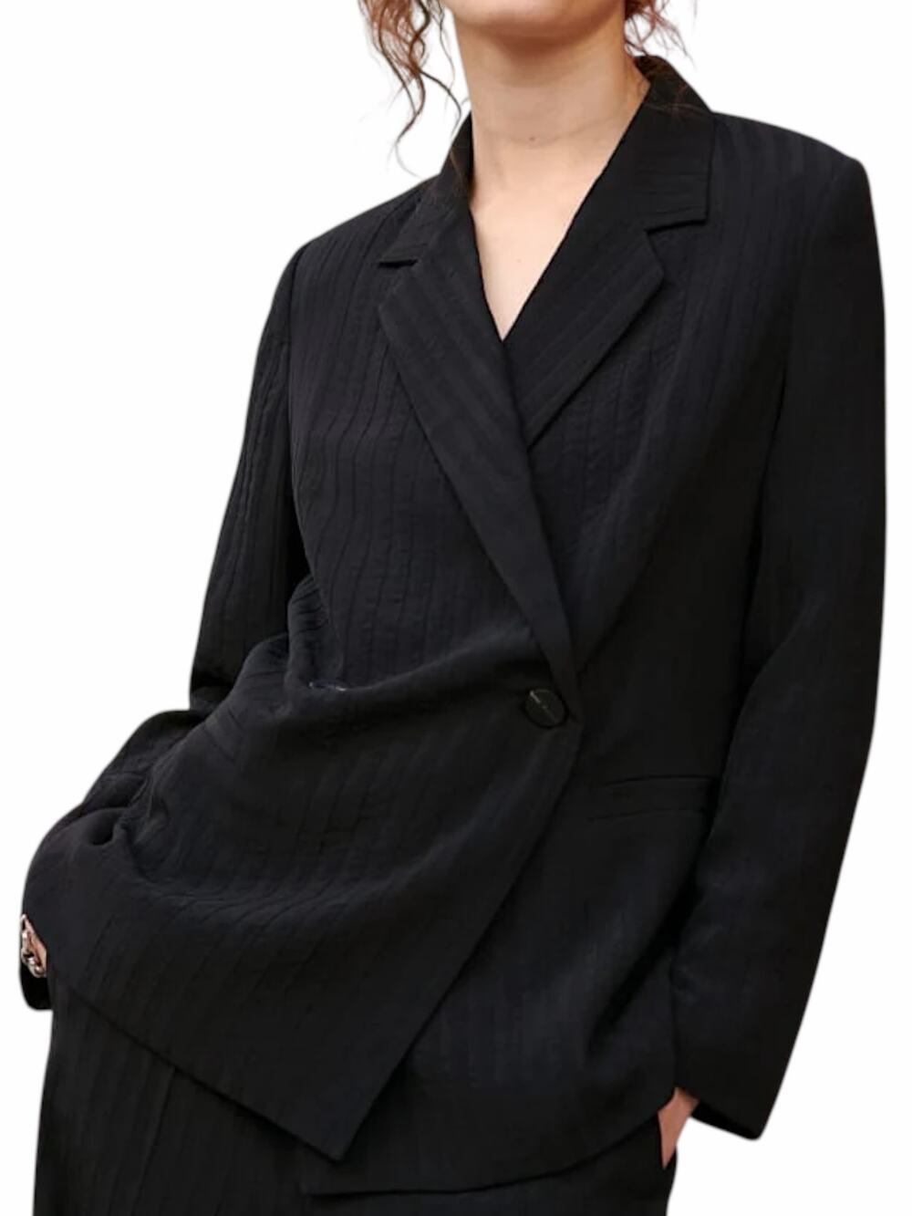 Everlane The Drapey City Striped Blazer Double Breasted Black Size 6 - Picture 1 of 13